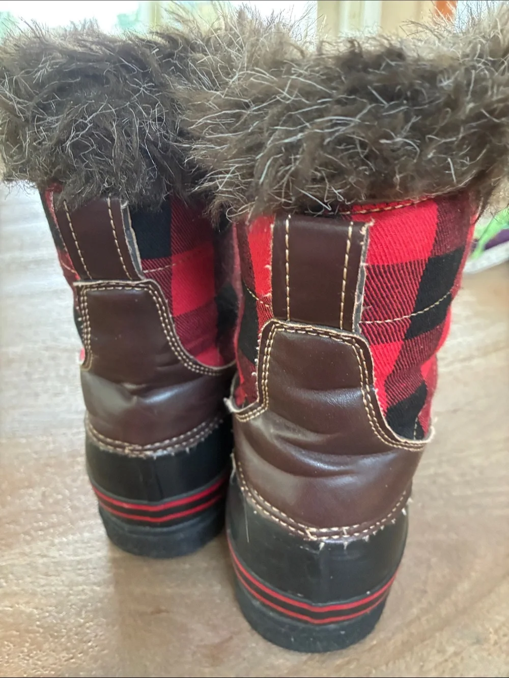 Natural Reflections Red and Black Buffalo Plaid Faux Fur Winter Rain Boots